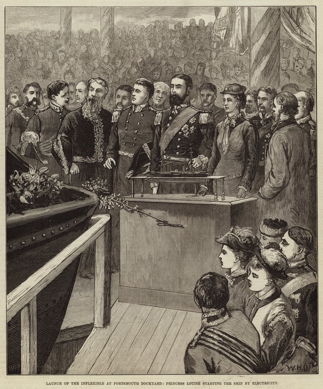 Lançamento do Inflexible no estaleiro de Portsmouth, Princesa Louise iniciando o navio pela eletricidade de William Heysham Overend