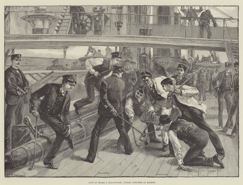 A vida a bordo de um homem-de-guerra, oficiais juniores no hóquei de William Heysham Overend