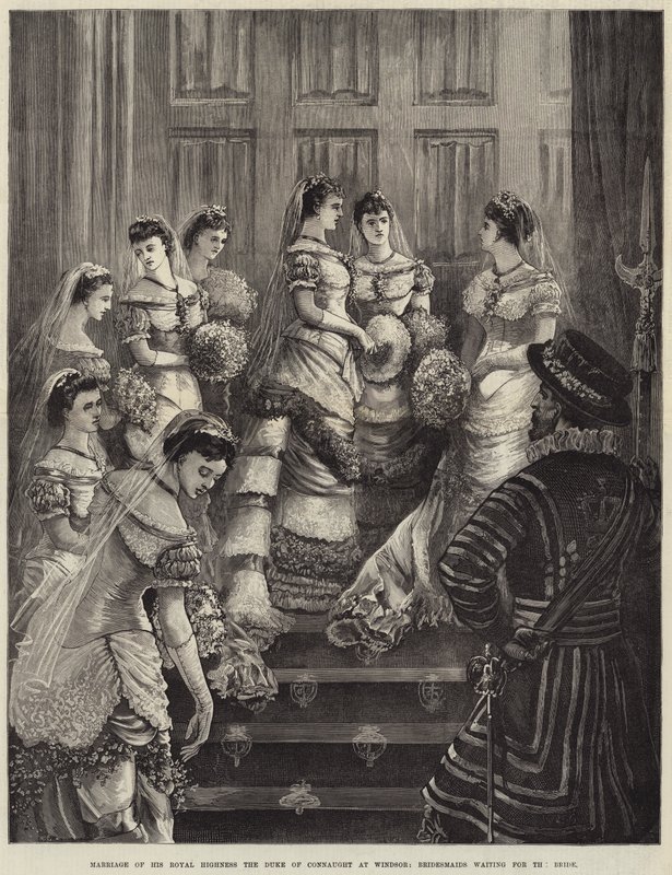 Casamento de Sua Alteza Real o Duque de Connaught em Windsor, madrinhas esperando a noiva de William Heysham Overend