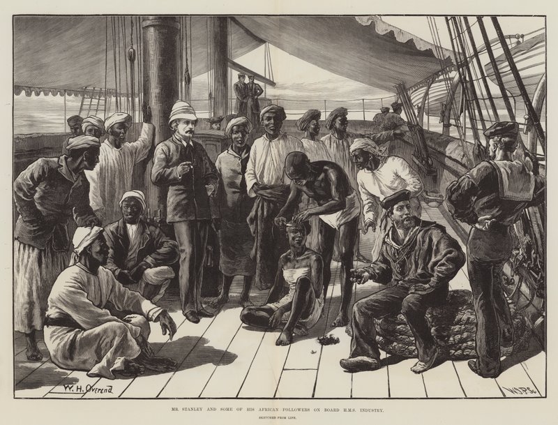 Sr. Stanley e alguns dos seus seguidores africanos a bordo da HMS Industry de William Heysham Overend