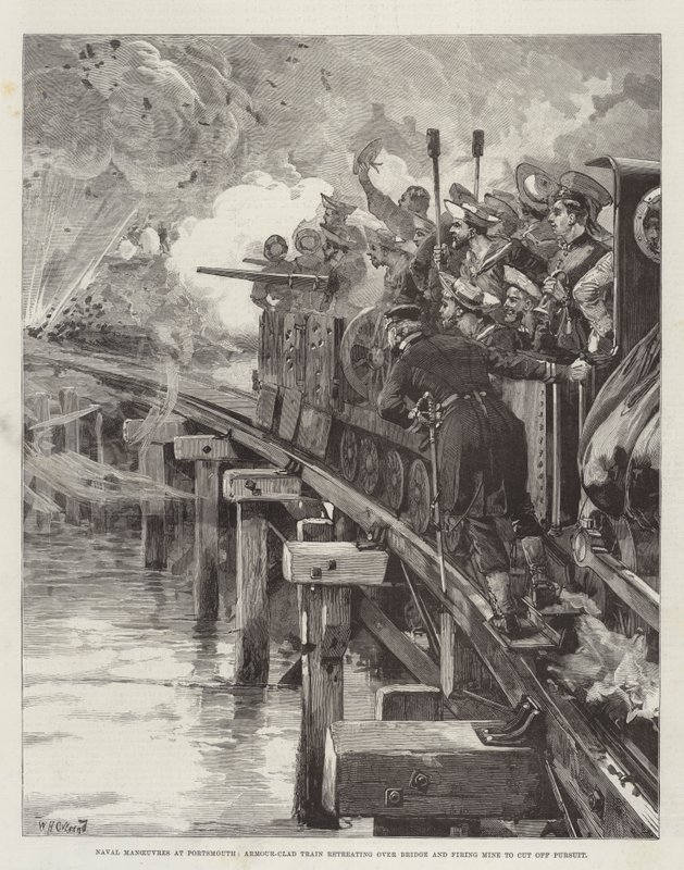 Manobras Navais em Portsmouth, Trem de Armor-Clad recuando sobre Ponte e Mina de Tiro para cortar Perseguição de William Heysham Overend