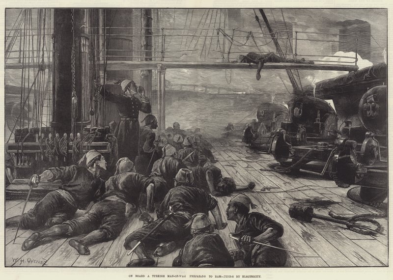 A bordo de um homem-de-guerra turco se preparando para atacar, disparando por eletricidade de William Heysham Overend