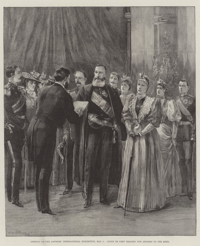 Abertura da Exposição Internacional de Antuérpia, 5 de maio, o Conde de Pret lendo o endereço para o rei de William Heysham Overend