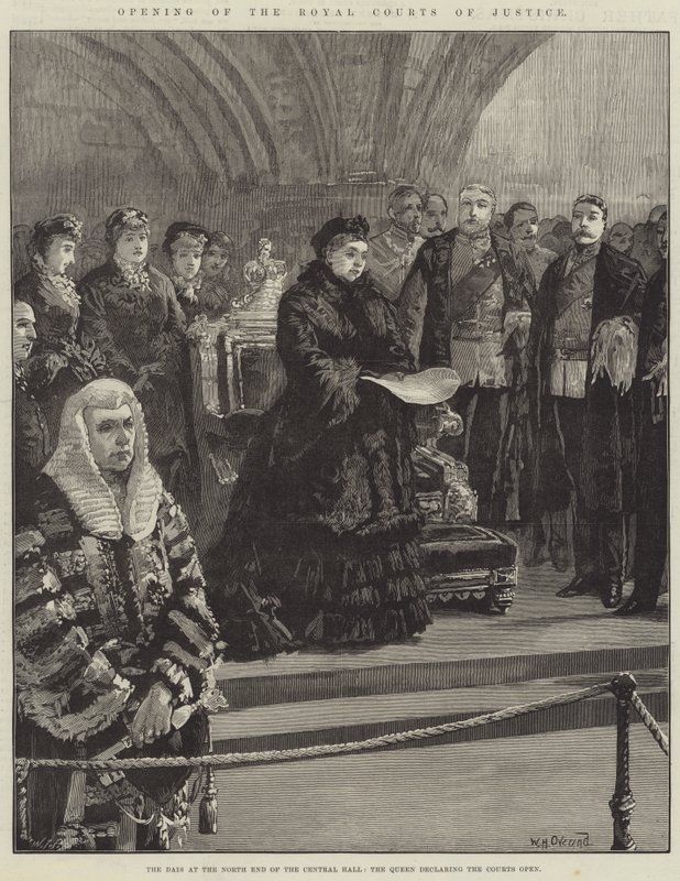 Abertura dos Tribunais Reais de Justiça, o Dais no North End do Central Hall, a Rainha declarando os Tribunais Abertos de William Heysham Overend