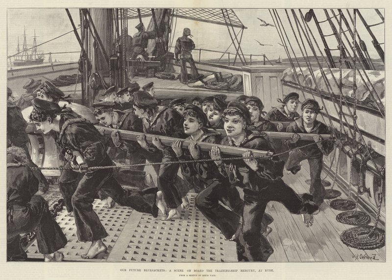 Nosso Futuro Bluejackets, uma cena a bordo do navio de treinamento Mercury, na Ryde de William Heysham Overend