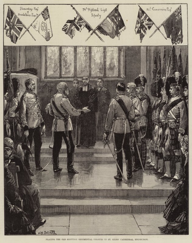 Colocando as velhas cores regimentais escocesas na Catedral de St Giles, Edimburgo de William Heysham Overend