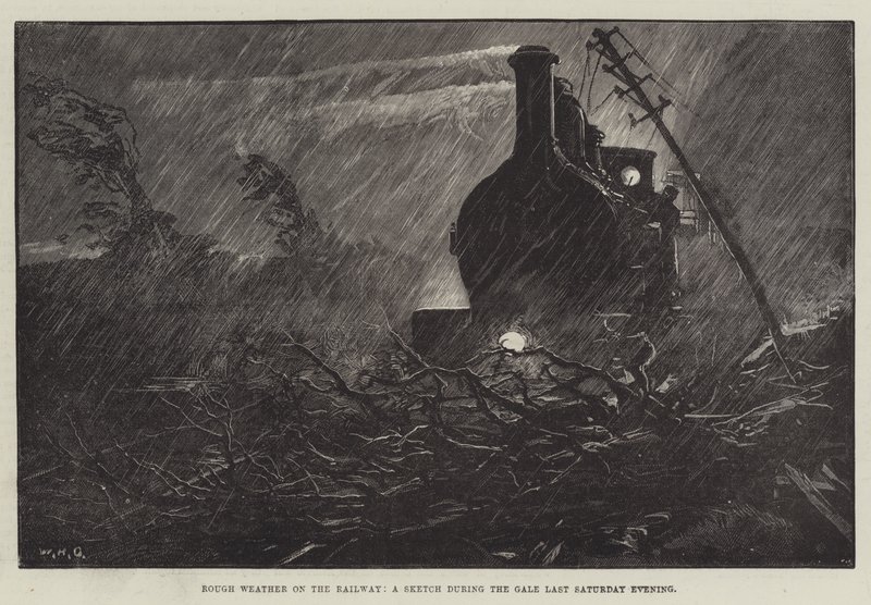 Tempo áspero na estrada de ferro, um esboço durante o vendaval no último sábado à noite de William Heysham Overend