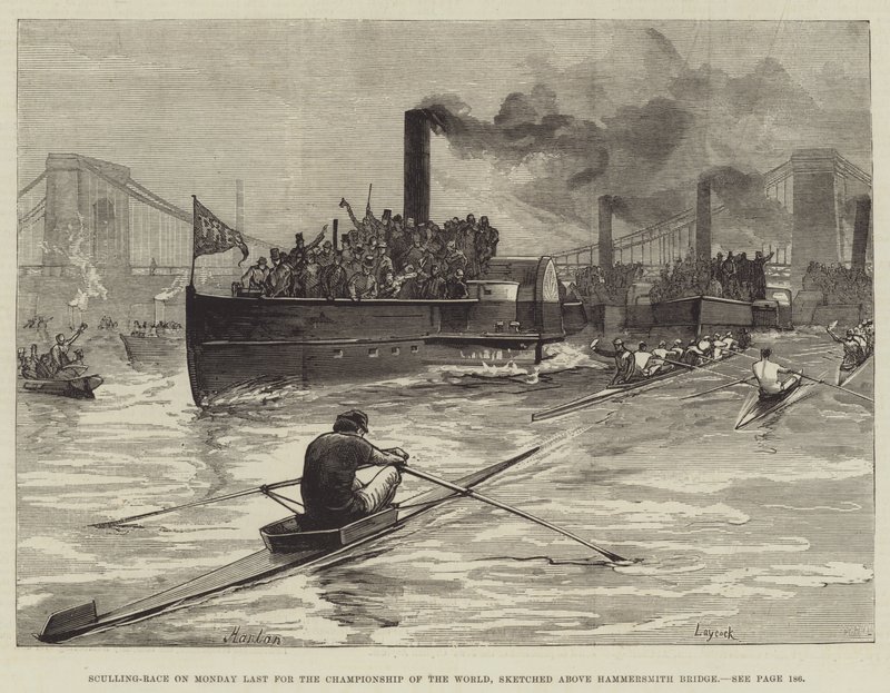 Sculling-Race na segunda-feira pela última vez para o Campeonato do Mundo, esboçado acima da Hammersmith Bridge de William Heysham Overend