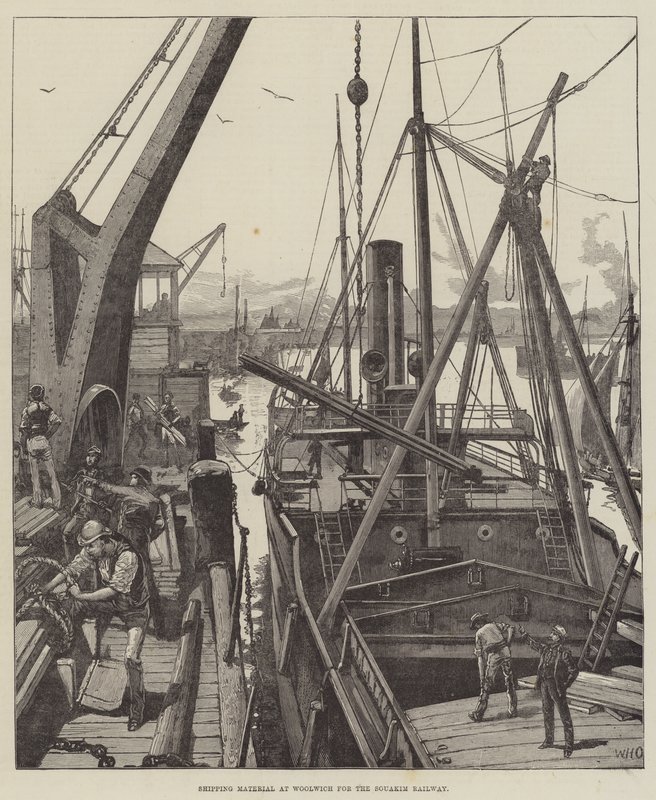 Material de envio em Woolwich para a estrada de ferro de Souakim de William Heysham Overend