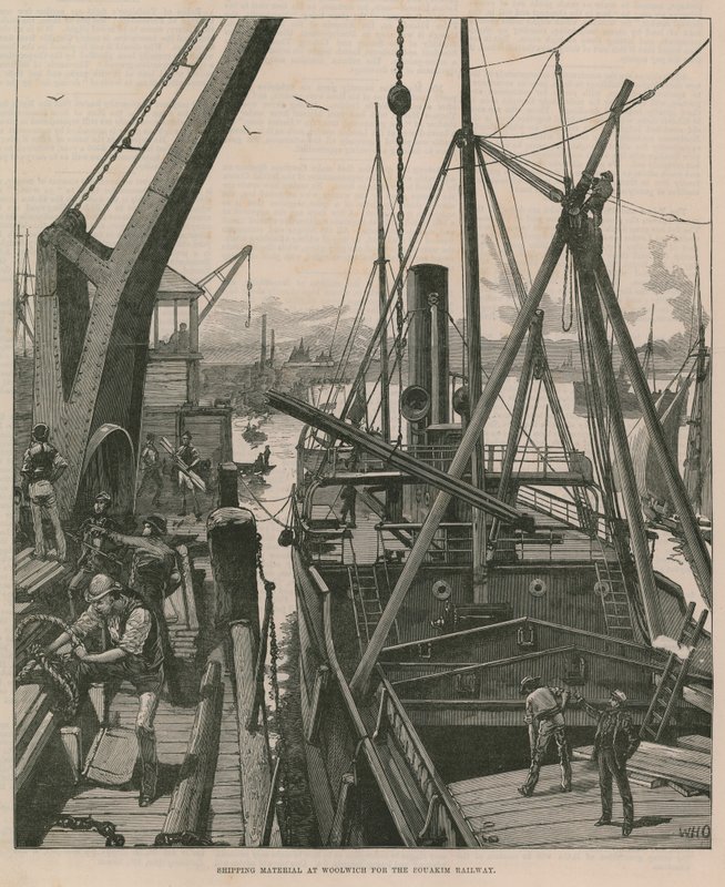 Material de expedição em Woolwich para a Souakim Railway (gravura) de William Heysham Overend