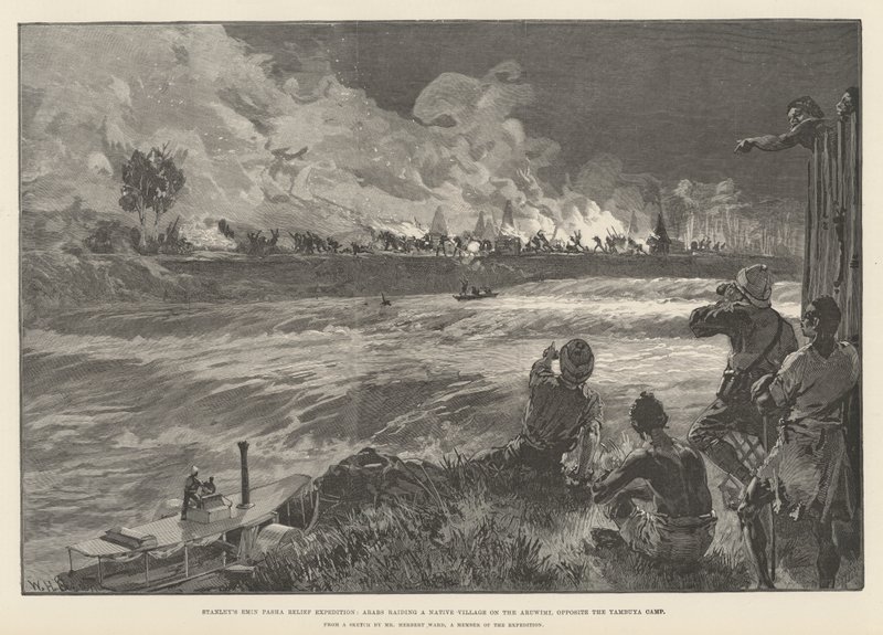 Expedição de Socorro de Emin Pasha, em Stanley, os árabes invadem uma aldeia indígena no Aruwimi, em frente ao Campo de Yambuya de William Heysham Overend