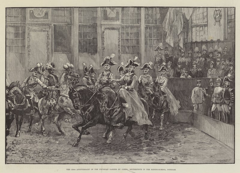 O 150º aniversário dos Gardes du Corps da Prússia, Reiterfeste na Escola de Equitação, Potsdam de William Heysham Overend