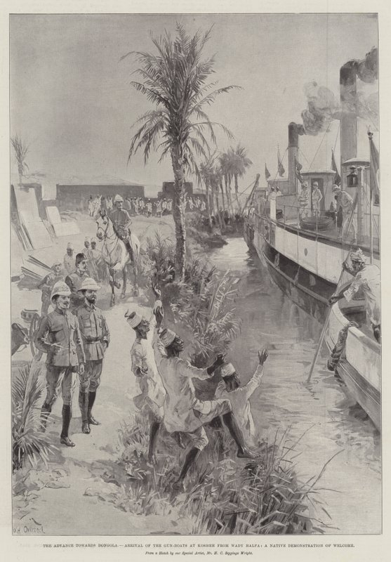 O avanço em direção a Dongola, chegada dos Gun-boats em Kosheh de Wady Halfa, uma demonstração nativa de boas-vindas de William Heysham Overend