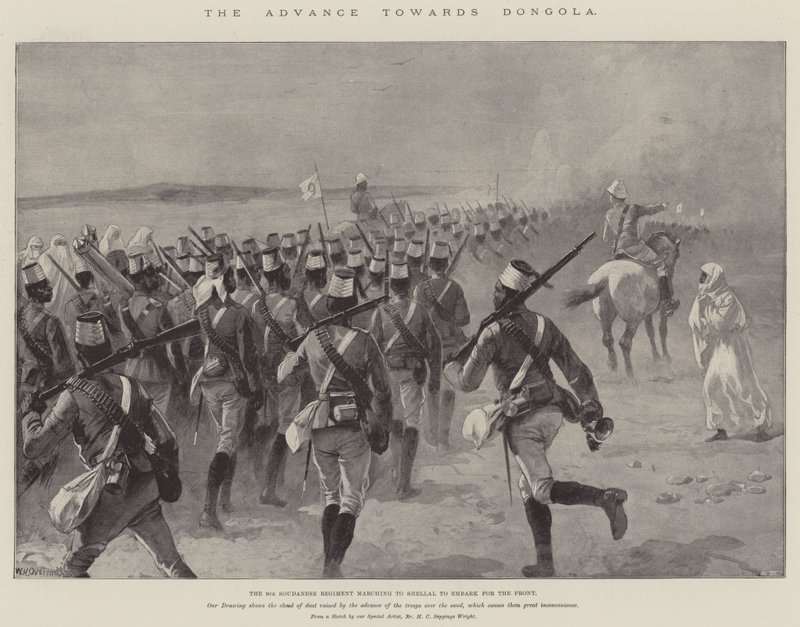 O avanço em direção a Dongola, o 9º Regimento de Soudanese marchando para Shellal para embarcar para a Frente de William Heysham Overend