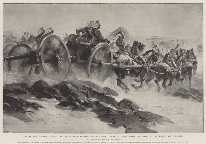 O avanço em direção a Dongola, a artilharia da coluna do coronel Burn-Murdoch, galopando pelo deserto até as alturas acima de Ferket de William Heysham Overend