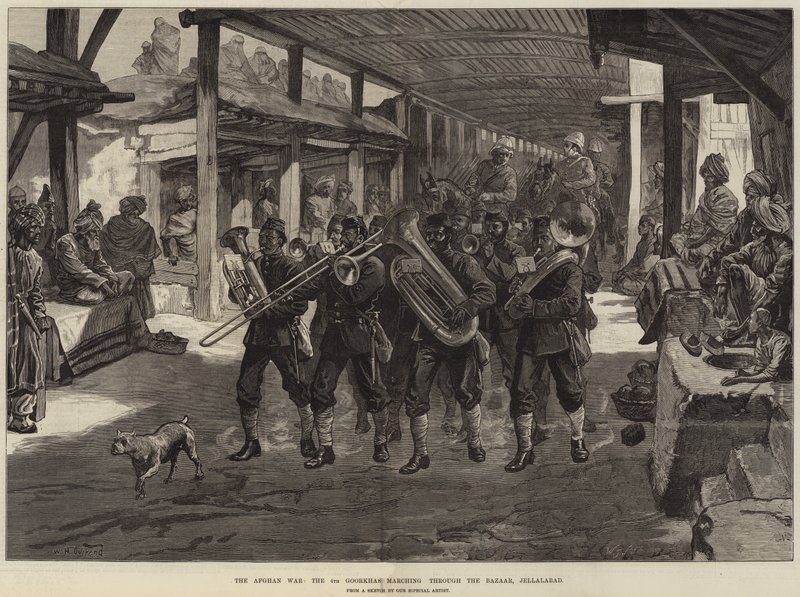 A Guerra do Afeganistão, os 4º Goorkhas marchando pelo Bazar, Jellalabad de William Heysham Overend