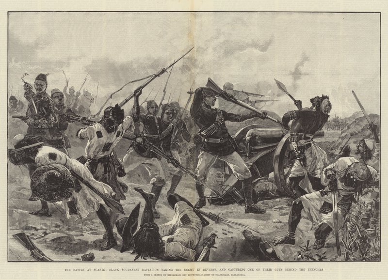 A Batalha de Suakin, Batalhão Black Soudanese levando o Inimigo em reversão e capturando uma de suas armas atrás das Trincheiras de William Heysham Overend