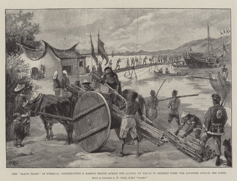 As bandeiras negras em Formosa, construindo uma ponte de bambu através da lagoa, pelo qual recuar quando os japoneses atacam os fortes de William Heysham Overend