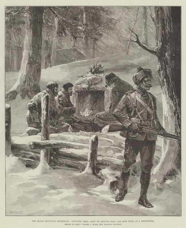 A Expedição da Montanha Negra, Confusão dos Oficiais, Acampamento em Akhund Baba, 9100 pés de altura, em uma tempestade de neve de William Heysham Overend