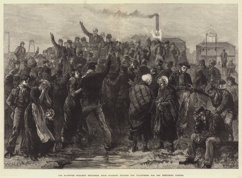 The Blantyre Colliery Explosion, perto de Glasgow, chamando por voluntários para as partes exploradoras de William Heysham Overend