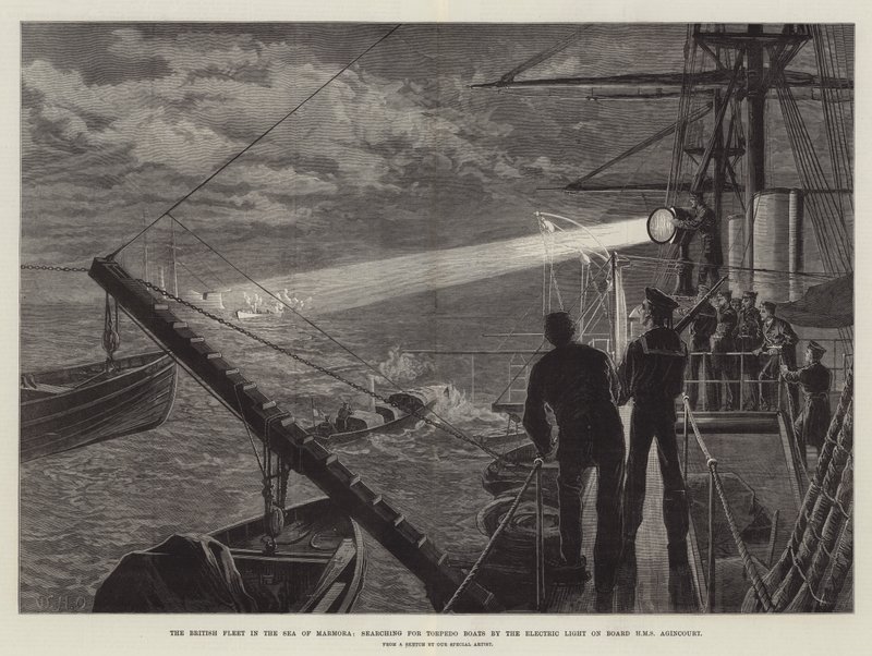 A Frota Britânica no Mar de Marmora, em busca de Barcos Torpedeiros pela Luz Elétrica a bordo do HMS Agincourt de William Heysham Overend