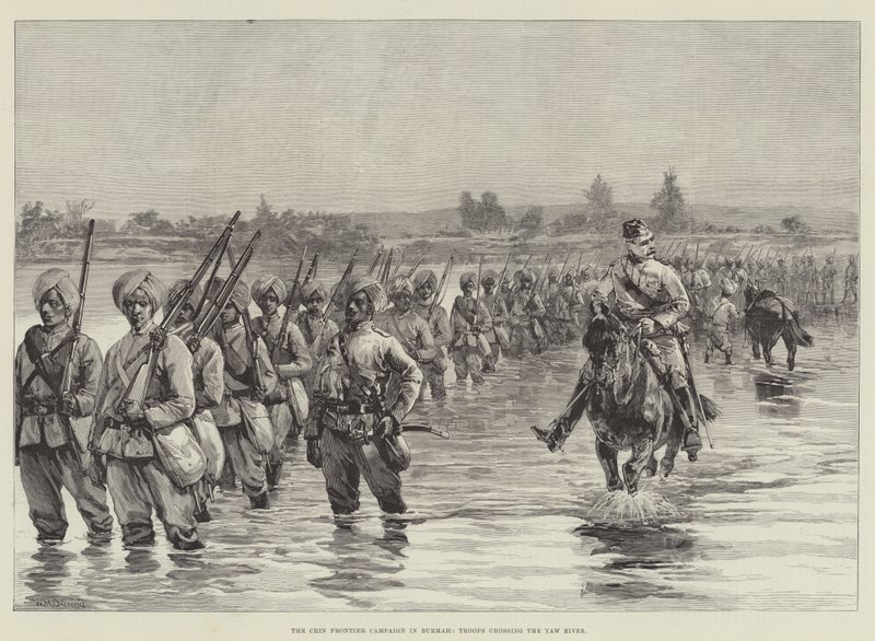 A campanha da fronteira jin em Burmah, tropas cruzando o rio Yaw de William Heysham Overend