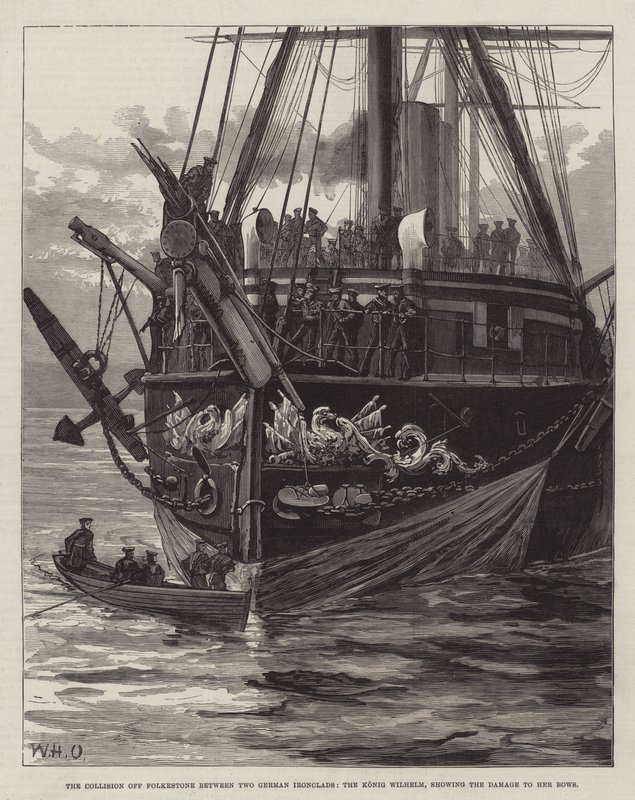 A colisão fora de Folkestone entre dois Ironclads alemães, o Konig Wilhelm, mostrando o dano a seus laços de William Heysham Overend