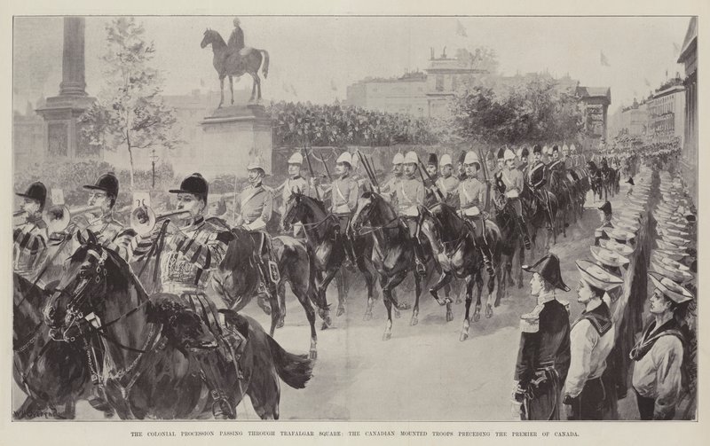 A procissão colonial passando por Trafalgar Square, as tropas montadas canadenses que precedem o Premier do Canadá de William Heysham Overend