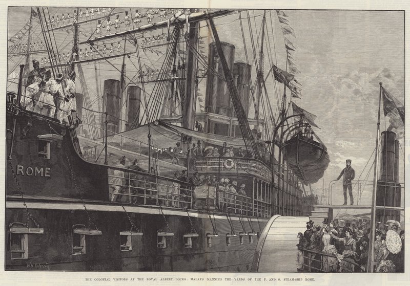 Os visitantes coloniais no Royal Albert Docks, malaios manejando as jardas do P e O navio a vapor Roma de William Heysham Overend