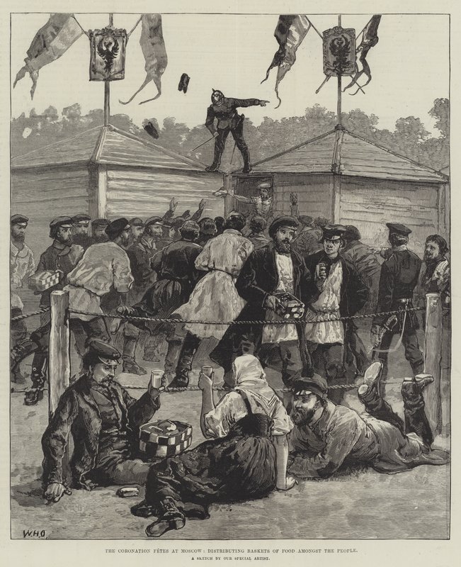 O Coronation Fetes em Moscou, distribuindo cestas de comida entre as pessoas de William Heysham Overend