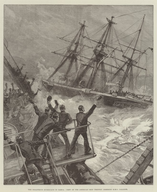 O desastroso furacão em Samoa, tripulação do navio americano Trenton torcendo HMS Calliope de William Heysham Overend