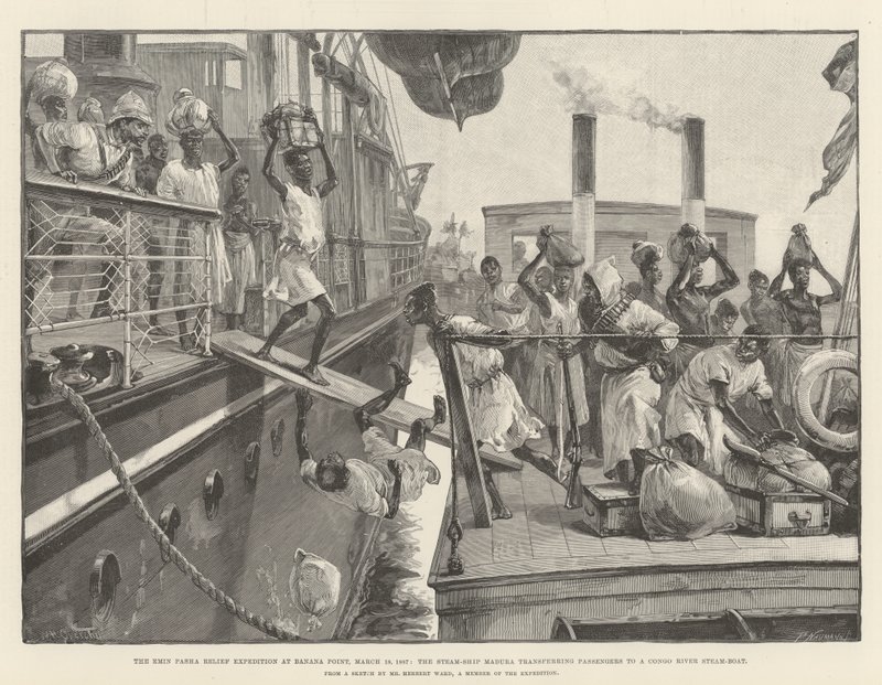 Expedição de Socorro a Emin Pasha em Banana Point, 18 de março de 1887, o navio a vapor Madura transferindo passageiros para um barco a vapor do rio Congo de William Heysham Overend