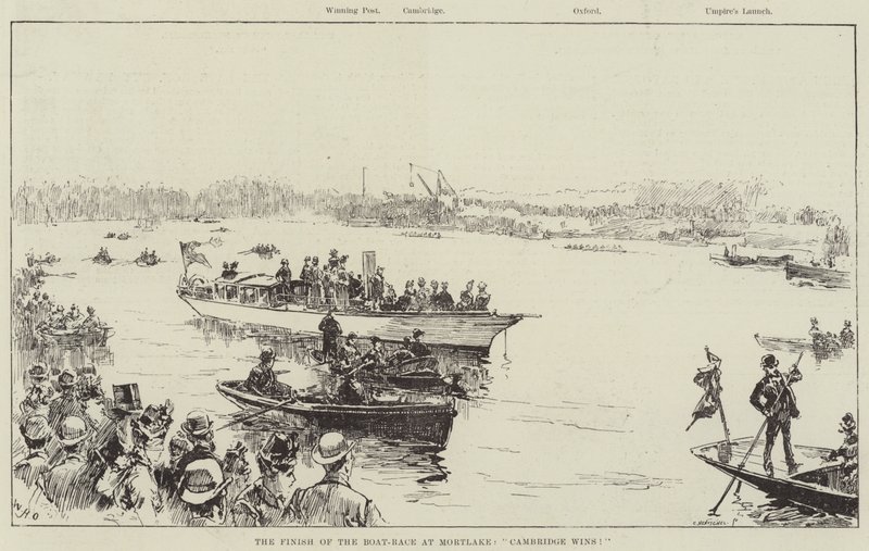 O fim da corrida de barcos em Mortlake, Cambridge ganha! de William Heysham Overend