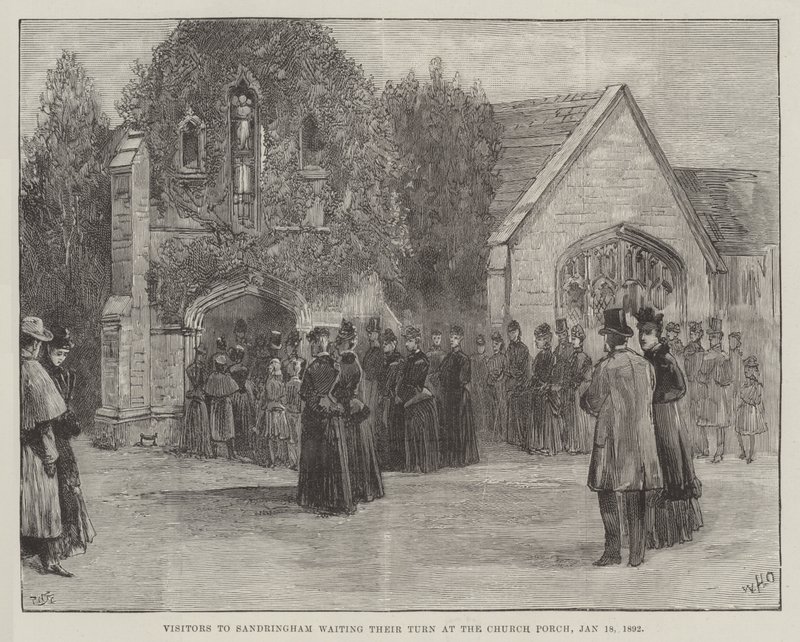 O Funeral do falecido Duque de Clarence e Avondale, Visitantes de Sandringham esperando sua vez na Alpendre da Igreja, 18 de janeiro de 1892 de William Heysham Overend