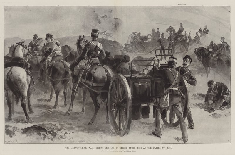 A guerra greco-turca, o príncipe Nicolau da Grécia sob o fogo na batalha de Mati de William Heysham Overend