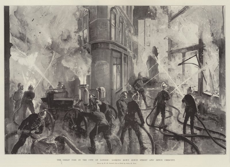 O Grande Incêndio na Cidade de Londres, olhando para a Jewin Street e a Jewin Crescent de William Heysham Overend