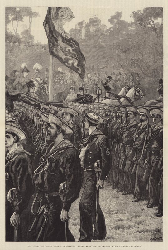 The Great Volunteer Review em Windsor, Voluntários de Artilharia Naval marchando além da Rainha de William Heysham Overend