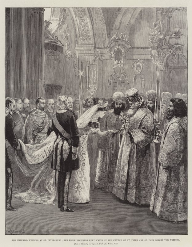 O casamento imperial em São Petersburgo, a noiva recebendo água benta na Igreja de São Pedro e São Paulo antes do casamento de William Heysham Overend