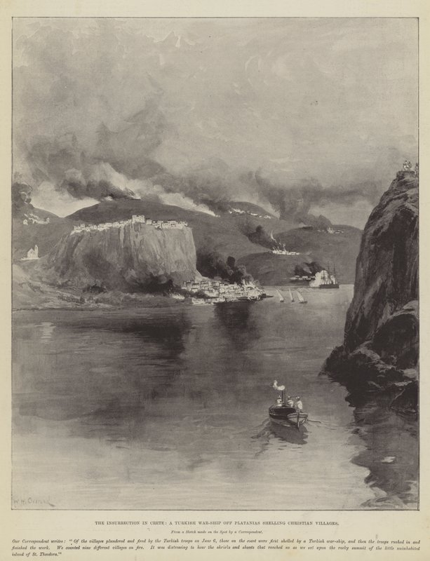 A insurreição em Creta, um navio de guerra turco perto de Platanias bombardeando aldeias cristãs de William Heysham Overend