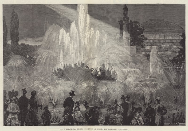 A exposição internacional da saúde na noite, as fontes iluminadas de William Heysham Overend