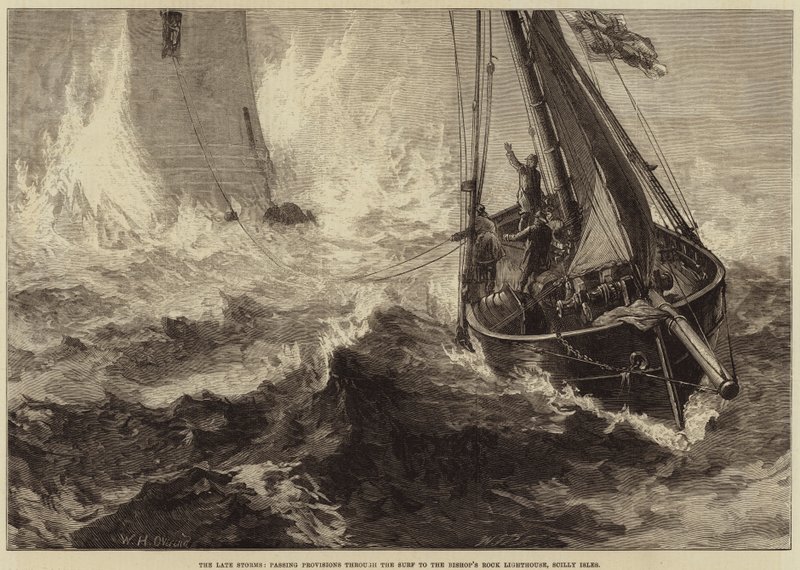 As tempestades tardias, passando Provisões através do Surf para o Farol do Bispo Rock, Ilhas Scilly de William Heysham Overend
