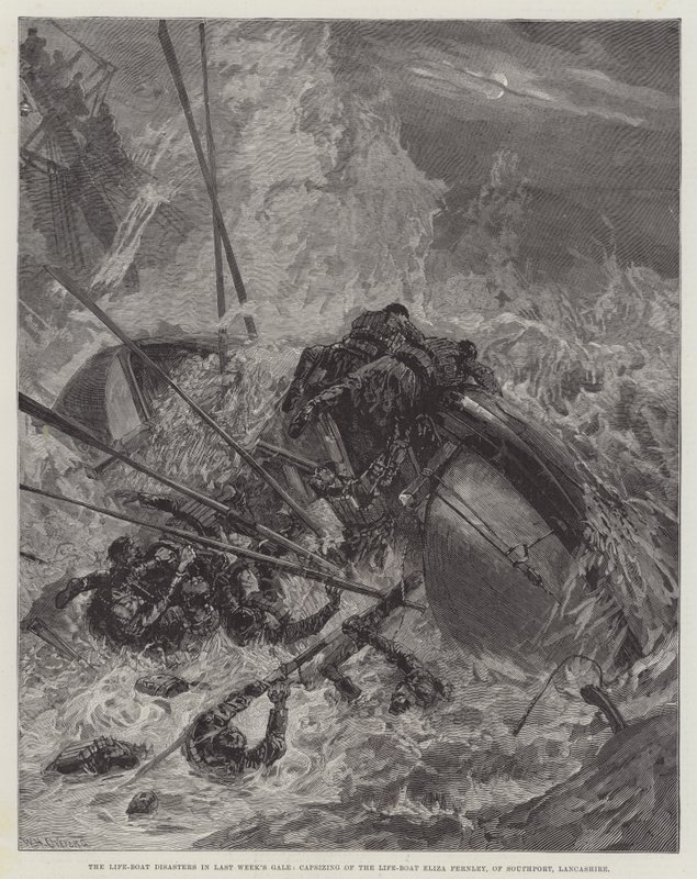 Os Desastres de Barco-Vida no vendaval da semana passada, Emborcamento do Barco-Vida Eliza Fernley, de Southport, Lancashire de William Heysham Overend