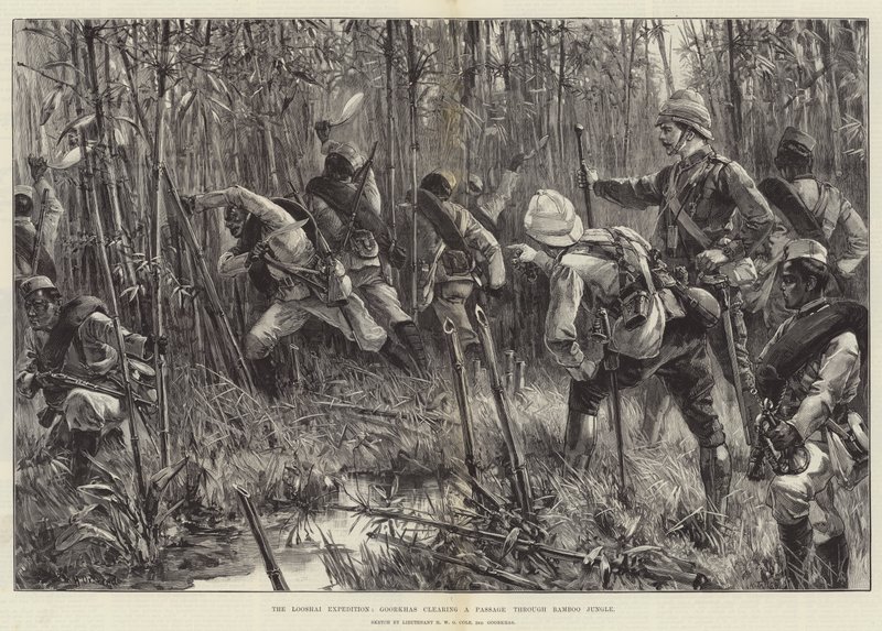 A expedição Looshai, Goorkhas limpando uma passagem pela selva de bambu de William Heysham Overend