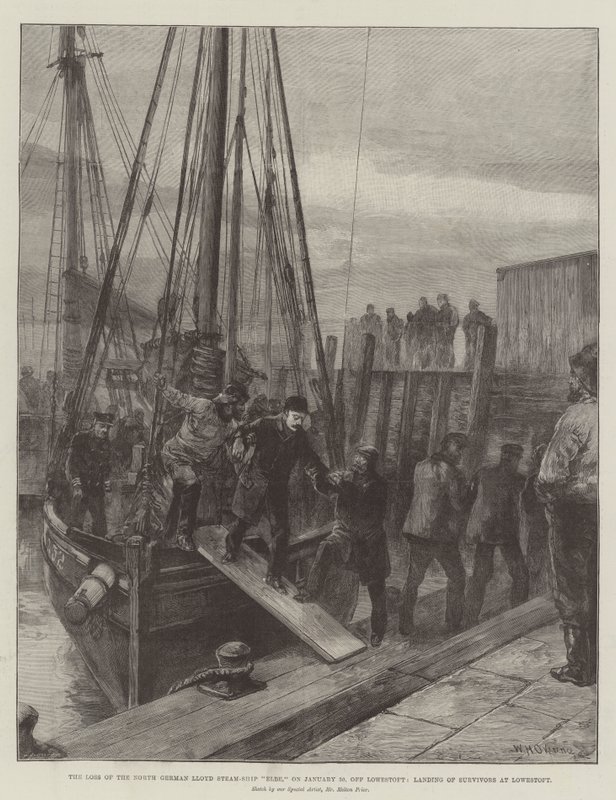 A perda do alemão Lloyd Steam-Ship Elbe do norte, em 30 de janeiro, fora de Lowestoft, Landing of Survivors em Lowestoft de William Heysham Overend