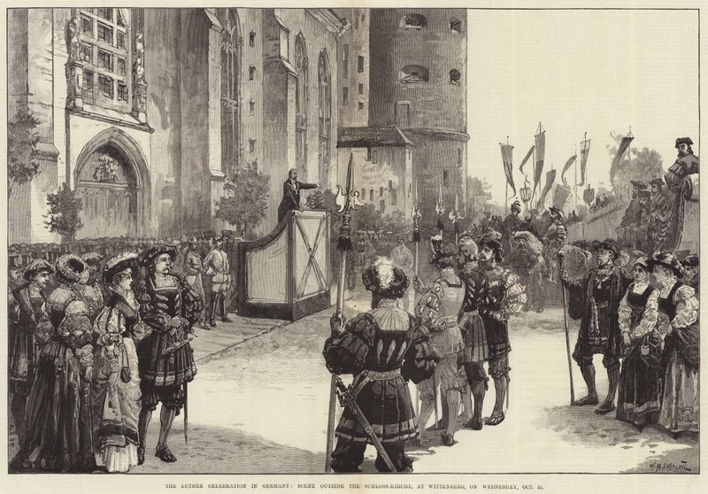 Celebração de Lutero na Alemanha, Cena fora da Schloss-Kirche, em Wittenberg, na quarta-feira, 31 de outubro de William Heysham Overend