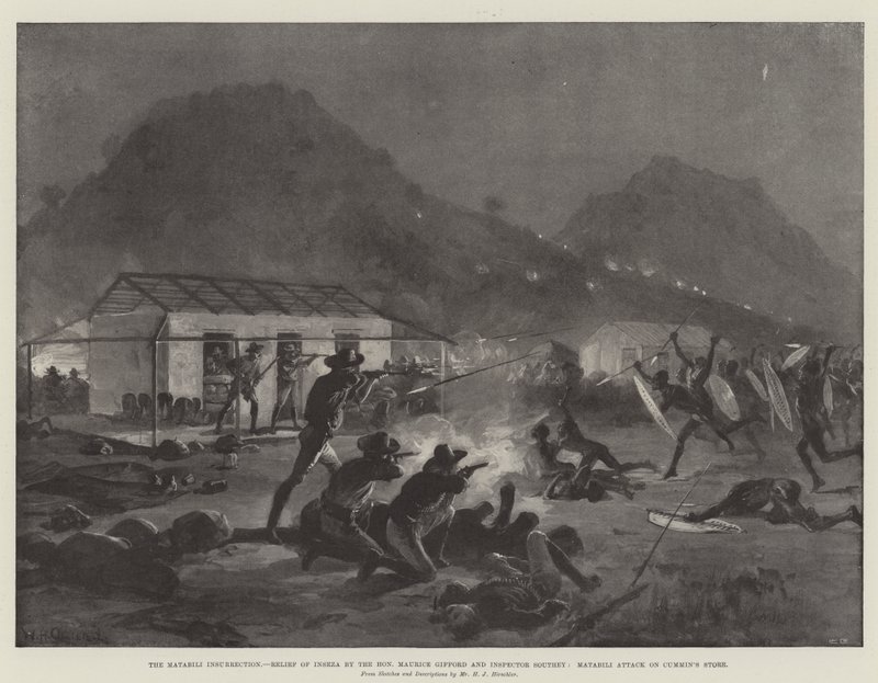 A Insurreição dos Matabili, Socorro de Inseza pelo Honorável Maurice Gifford e o Inspetor Southey, Ataque Matabili na Loja Cummin de William Heysham Overend