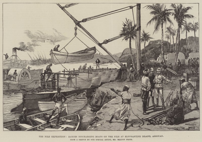 A, nile, expedição, barcaças, descarregando, barcos, ligado, a, nile, em, elephantine, ilha, Assouan de William Heysham Overend