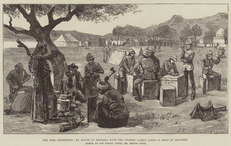 A Expedição do Nilo, a caminho de Dongola com o Corpo de Camelos dos Guardas, uma parada em Akasheh de William Heysham Overend