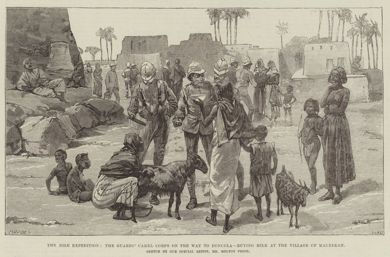 A Expedição do Nilo, o Corpo de Camelos dos Guardas a Caminho de Dongola, comprando Leite na Vila de Magrekah de William Heysham Overend