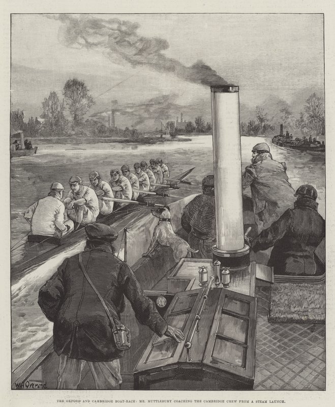 A corrida de barcos de Oxford e Cambridge, Sr. Muttlebury, treinando a equipe de Cambridge de um lançamento a vapor de William Heysham Overend